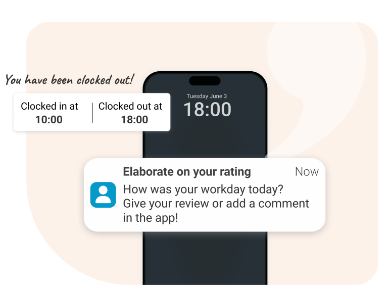 Set clocking messages on your clocking system with Nostradamus to enhance internal communication. After your employees clock out, you can ask them how they experienced their working day to monitor employee satisfaction.
