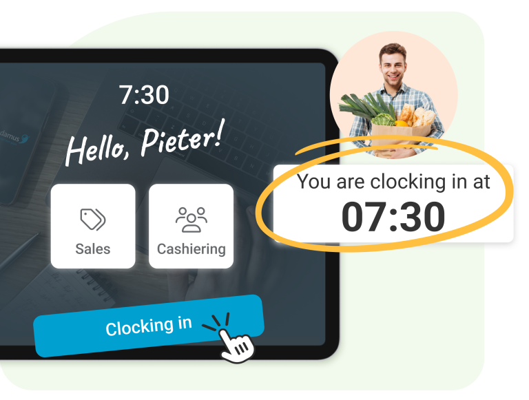 Clocking system Nostradamus’ clocking system provides an easy way to automatically record worked hours. Employees can clock in and out digitally using a PIN code or key fob, with recorded hours directly linked to schedules. The system detects discrepancies, such as late clock-ins, and offers insights into staff attendance and activity. Access to the clock-in system can be restricted to authorized personnel, ensuring sensitive data is protected. These insights help optimize work processes and create accurate schedules.