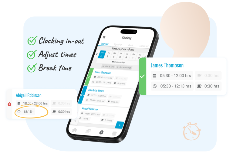 Managing employee attendance Managing working hours is more efficient than ever. Managers can clock employees in and out, adjust hours, and approve worked hours with ease. The dashboard also provides insights into who is on break and for how long, ensuring accurate time tracking.
