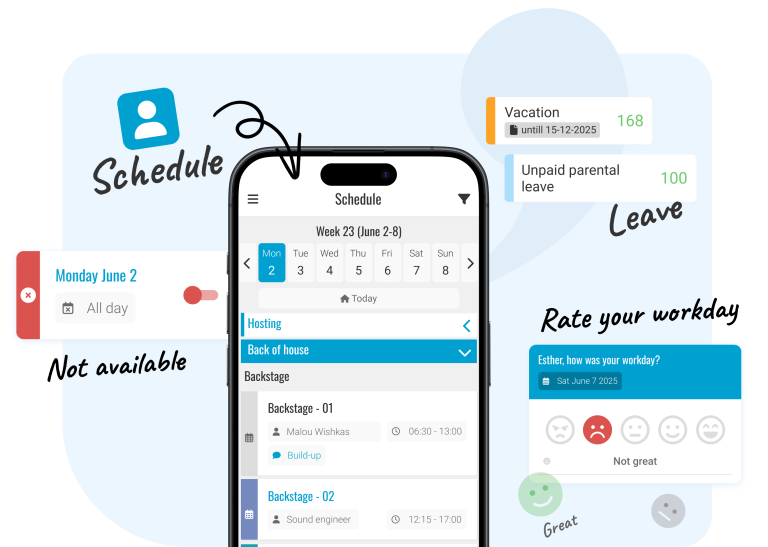 Employee App Enhance team engagement and flexibility with our user-friendly Employee App. Staff members have instant access to their schedules, can easily swap shifts, and request leave. Real-time updates on schedule changes and important announcements ensure that everyone stays informed. Streamlined workforce planning and seamless event execution guaranteed.