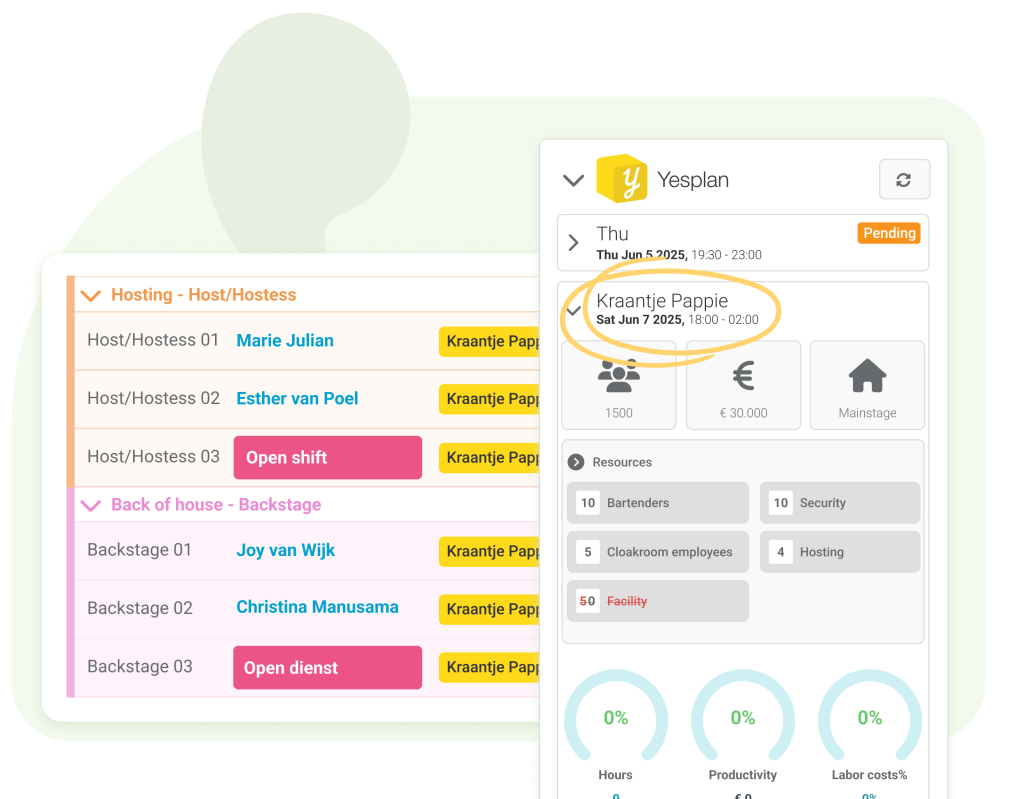Event management module With the Nostradamus event module, workforce planning seamlessly synchronizes with event planning software. Labor costs and productivity budgets are automatically linked to events. Schedule templates can be easily adjusted with just a few clicks, and all employees log their hours directly under the correct event. Detailed reports and dashboards provide insights into labor costs per event, allowing for precise budgeting and optimization.