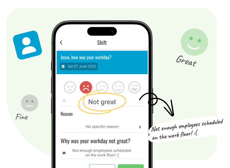 Ongoing measurements Nostradamus enables you to keep track of employee satisfaction continuously. After working a shift, employees clock out and rate their workday via the clocking system. They can select one of five smileys that most reflect their mood. This quick and intuitive process ensures a high response rate. Since employees rate their experience immediately, you receive reliable, real-time insights. After submitting their rating, employees receive a notification in the Employee App, where they can explain their score. This allows them to instantly share any concerns behind a negative rating, giving you the opportunity to address issues promptly.