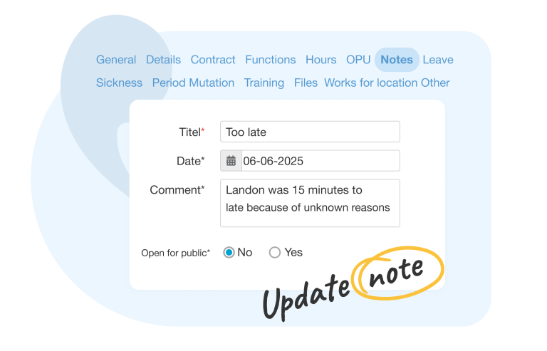 Notes and file structure The notes feature within Nostradamus allows you to maintain detailed records of employee progress, such as performance reviews. You can decide whether to share each note with the employee. Additionally, Nostradamus can automatically log notes when an employee starts their shift late, contributing to accurate and efficient HR administration. All-in-one HR tool Nostradamus provides a comprehensive HR tool that consolidates all essential employee data in one place, enabling your organization to operate more efficiently and transparently.