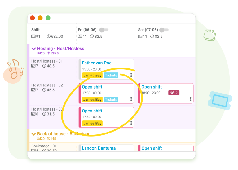 Effortless shift coverage Empower employees to choose their own shifts and easily fill open shifts with Nostradamus. Through the Employee App, staff can sign up for available shifts or join an “open shift pool,” where multiple team members can register. The planner then selects the most suitable candidate. The auto-fill function in the weekly schedule ensures that open shifts are quickly and efficiently assigned, guaranteeing full staffing for every performance or event.