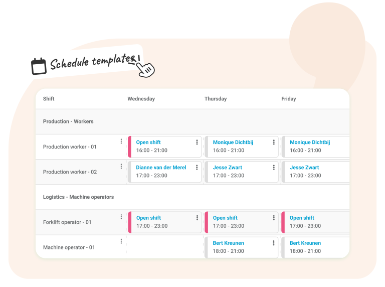 Schedule templates Our standard templates suggest the optimal number of staff required for smooth daily operations. The system shows required workforce capacity, available employees, and labor costs. Additionally, you gain clear insights into scheduled shifts, worked hours, and overtime balances for contract employees.