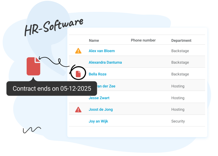 HR software for theaters & music venues Proper leave and absence management is crucial in a sector with a highly flexible workforce. Nostradamus ensures that leave registration aligns with the CLA for theaters and music venues, enabling smooth HR processes while preventing errors. Digital personnel files make it easy to centrally manage contracts, documents, and notes. Additionally, the software automatically syncs with payroll systems, ensuring that all employee data is always up to date.