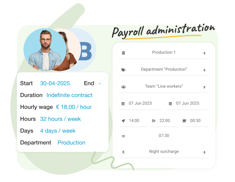 Accurate time registration Time tracking is crucial for gaining control over business processes in manufacturing. Our clocking system easily records employees’ start, break, and end times. Hours are automatically categorized by shift type and corresponding pay rates. With precise time registration, you prevent excessive working hours and gain a clear view of employee costs. This also simplifies payroll processing and helps determine the most cost-effective scheduling options, boosting productivity and streamlining production operations.