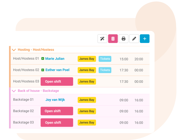 Flexible and clear workforce scheduling The dynamic nature of theaters and venues requires flexible and well-structured workforce planning. Nostradamus helps efficiently schedule employees while considering availability, contract types, and CLA agreements. With automatic schedule suggestions, open shift options, and shift swaps, employees can easily adapt to scheduling changes. This increases engagement and prevents last-minute scheduling issues.