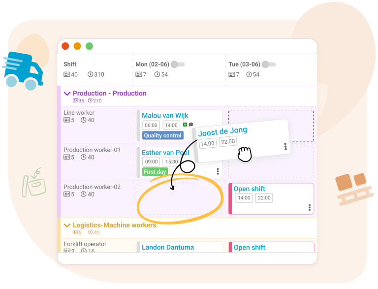 Intelligent schedules The manufacturing sector faces fluctuating demand due to varying production levels, seasonal peaks, and unexpected orders. With Nostradamus, you can schedule emoloyees flexibly and efficiently, adapting to these dynamics. Real-time insights into productivity and labor costs give you complete control over your scheduling. The intuitive interface and smart tools make creating schedules easy, while employees receive instant updates on any changes. Features such as open shifts, swap options, and a flexible workforce pool enable quick responses to changing production needs. With cross-location scheduling, you can maximize workforce capacity and improve operational efficiency, ensuring a well-staffed production line even during sudden demand spikes.