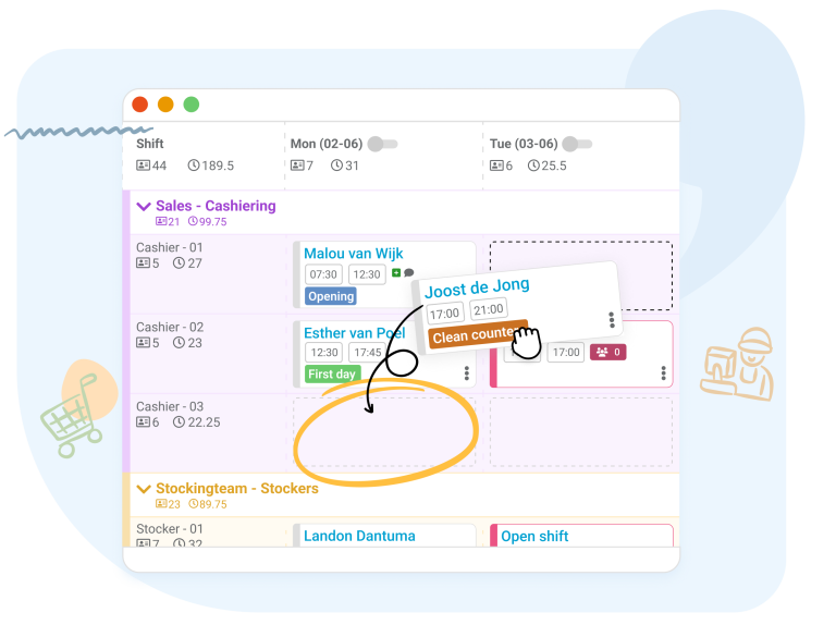 Flexible alignment with varying opening hours Retail operates with fluctuating schedules and varying demand based on daily, weekly, and seasonal changes. Nostradamus makes workforce planning simple and effective by adapting to this dynamic environment. With insights into productivity and labor costs, you maintain full control over scheduling. The intuitive interface and smart tools make shift planning easy while keeping employees informed with real-time updates. Features like open shifts, shift swaps, and an open shift pool enhance flexibility and increase employee engagement. Cross-location scheduling optimizes workforce allocation and improves operational efficiency, ensuring stores remain well-staffed even during unexpected peak hours.