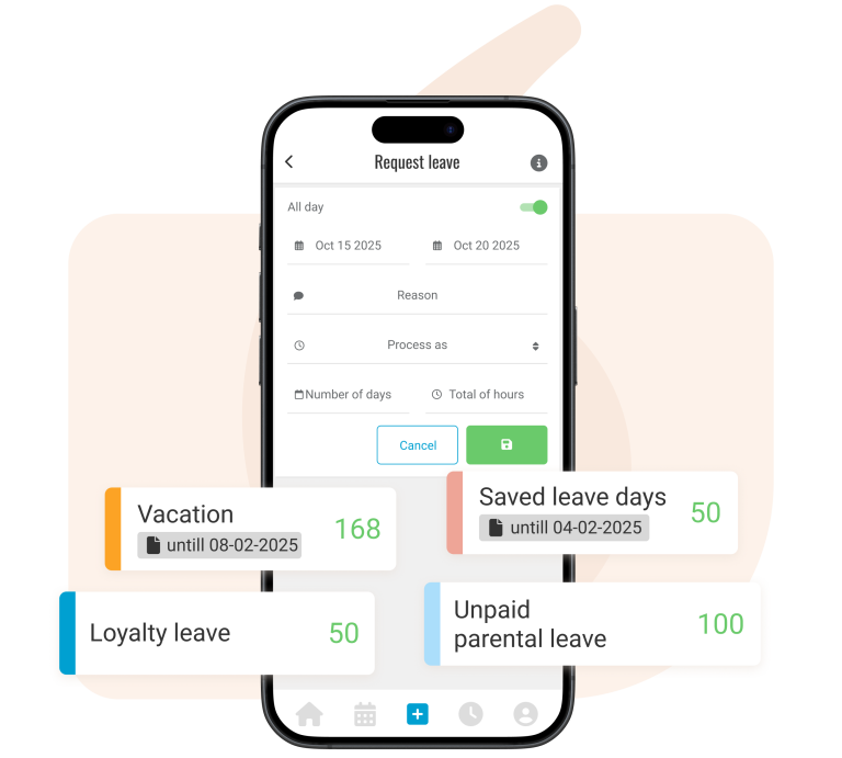 Manage balances Our software supports various leave balances, including statutory vacation hours, non-statutory vacation hours, unpaid parental leave, paid parental leave, overtime, compensatory hours, ADV (reduction of working hours), and leave savings days.