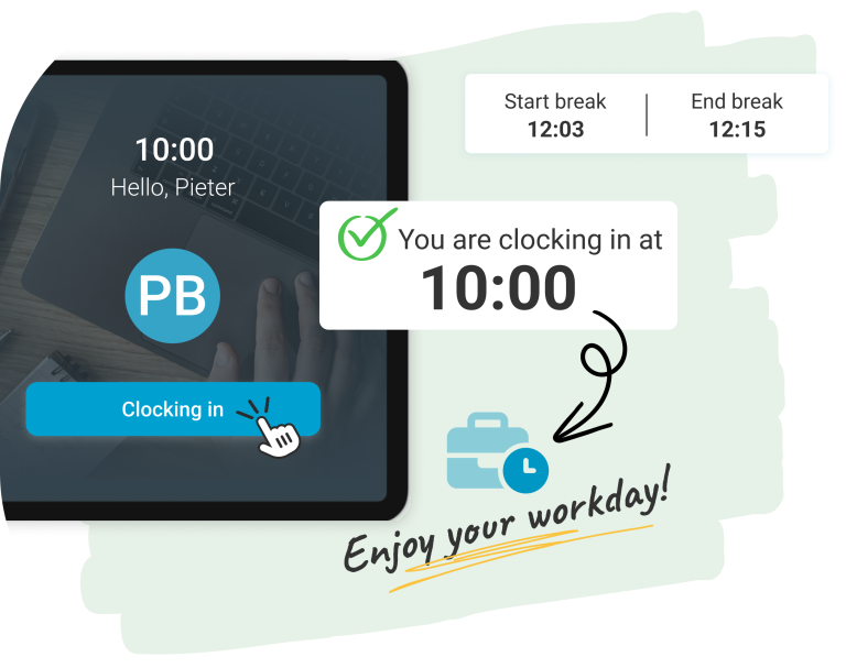 Clocking system for time registration with Nostradamus- employees clock in and out via the clocking screen.