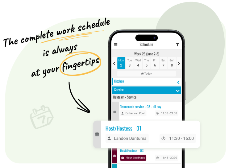Always accessible workforce schedules The entire work schedule is always at your fingertips. With just a few clicks, you can adjust shifts, assign employees, or add notes to specific shifts. Changes are applied immediately, and employees receive instant notifications, ensuring that everyone is always up to date.