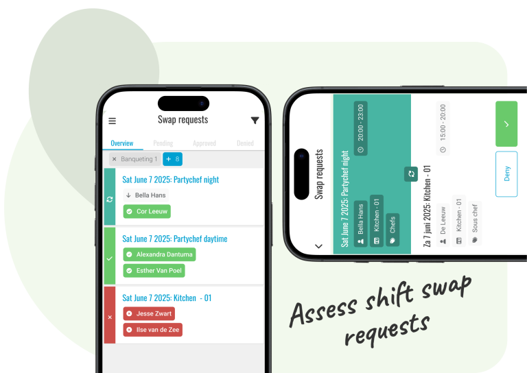 Review shift swap requests The Management App enables you to view and process employee shift swap requests instantly. Once reviewed, employees receive real-time notifications about the status of their requests, ensuring seamless scheduling management.