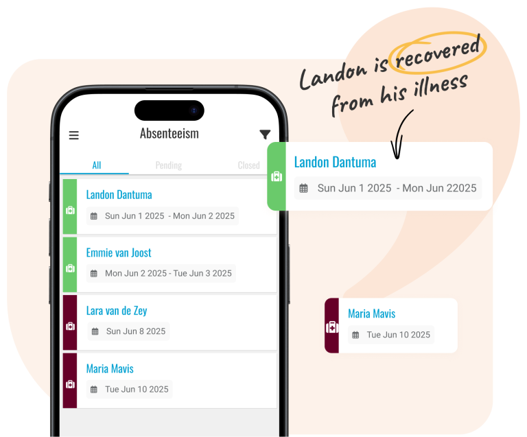 Clear absence & leave registration If an employee calls in sick, you can register their absence instantly in the Management App. Gain immediate insight into staff availability, allowing you to quickly adjust schedules and arrange replacements as needed. This ensures smooth workforce planning and a clear overview of team availability.