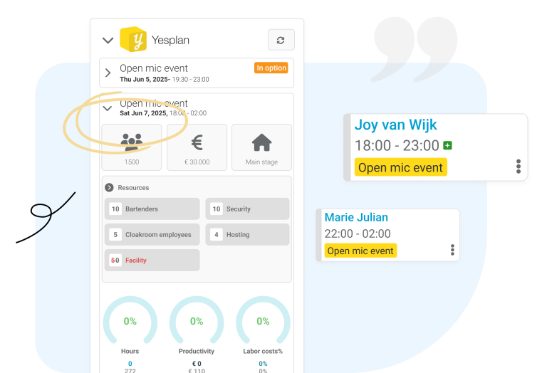 Nostradamus Event module for efficient event planning- integtrations with event planning software organizes everything in one place. Conncect to Yesplan, Smart Event Manager or MICE operations.
