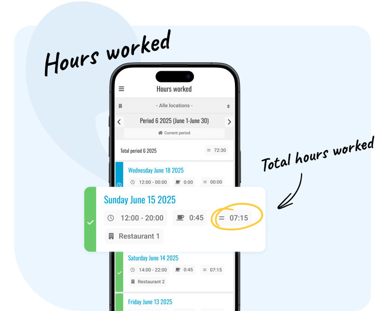 Verify hours worked Employees can check their worked hours and verify if the registered hours are correct. If there’s a discrepancy, they can submit a time correction request directly in the app. This makes it easy for managers to approve worked hours and review corrections efficiently.