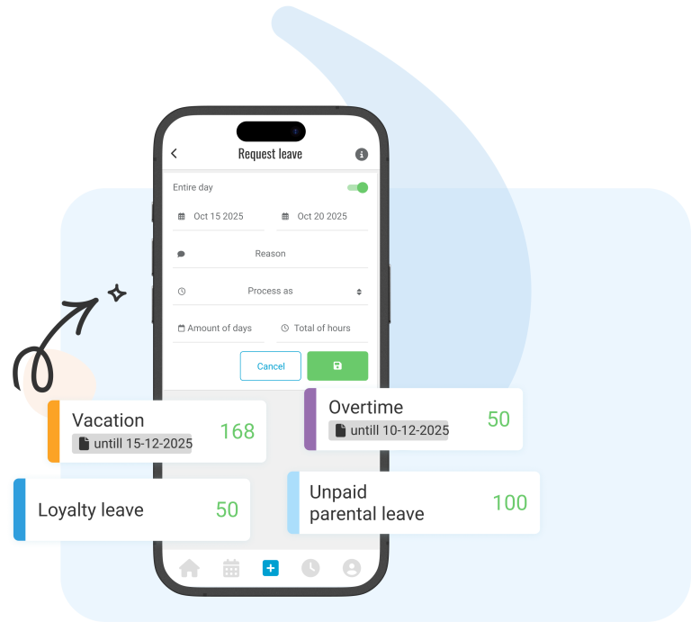 Leave registration- Leave registration centralized in one place, manage different leave types like vacation, overtime, deficit hours and parental leave with Nostradamus. Employees always have insight into their hour balances via the Employee App and can easily request leave in the app.