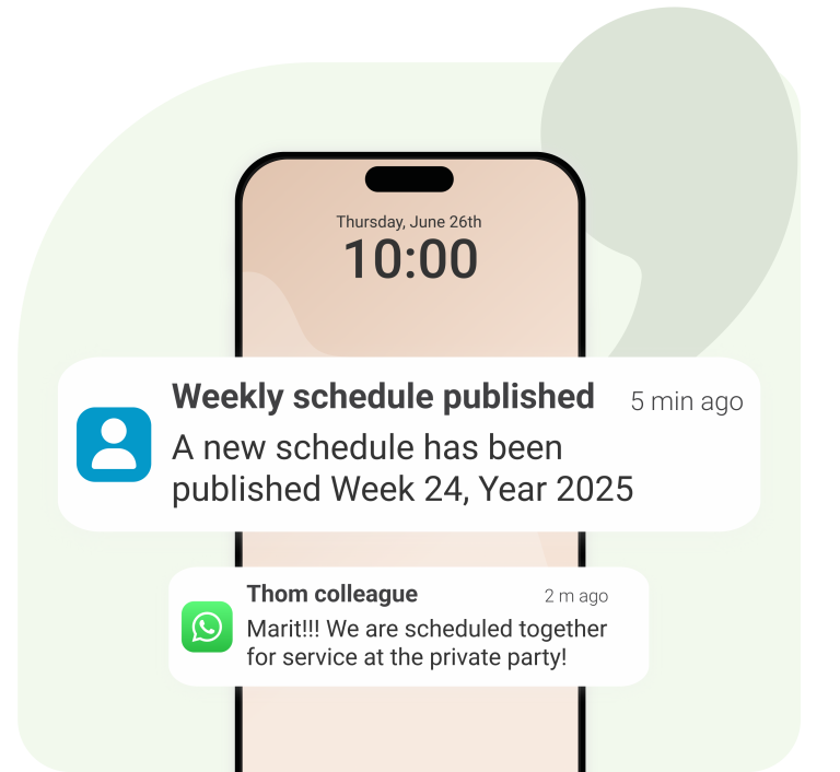 View planned hours Employees always have access to workforce schedules in the app. Notifications ensure that they are instantly updated whenever changes are made in the schedule. With automatic synchronization to digital calendars on smartphones and tablets, employees are always informed about their shifts.