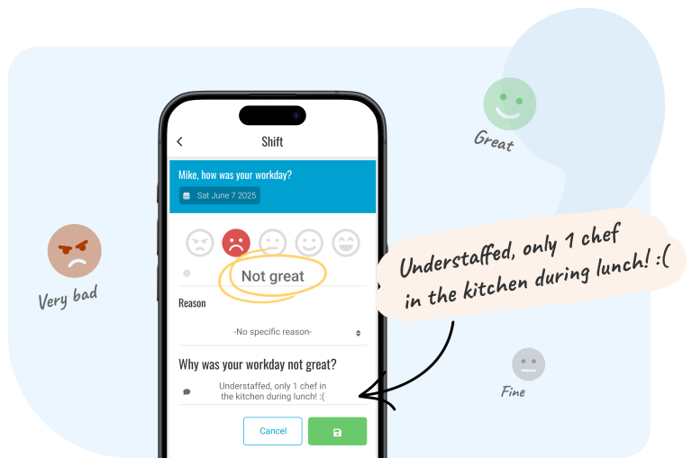 Rate your workday After clocking out, employees may receive a clocking notification prompting them to rate their workday. This built-in employee satisfaction tool allows them to provide feedback on their experience. Employees can specify why they rated their day negatively, giving managers valuable insights to improve the work environment.