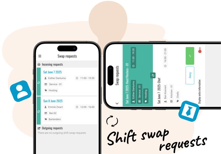 Request shift swaps Is one of your employees suddenly unable to work their shift? Thanks to our Employee App, they can easily send a shift swap request to a colleague. The responsibility lies with your employees, while managers only need to approve the request. Once both the manager and colleague who serves as replacement approve the swap, the schedule is automatically updated.